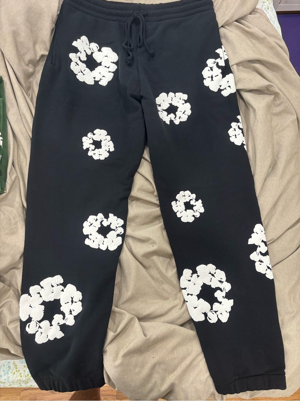 Denim Tears Cotton Wreath Mens Black Cuffed Bottom Sweatpants